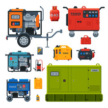 Different Types Of Industrial Power Generators Set, Propane Gas Cylinder, Fuel Jerrycan, Electrical Engine Equipment Vector Illustration