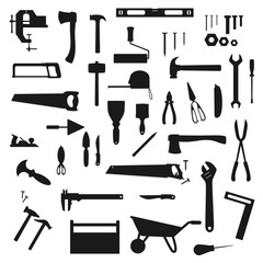 Wall Mural - Work tool, construction, home repair and carpentry vector silhouettes icons. Woodwork and DIY building tools, handyman equipment grinder and hammer, drill, ruler and screwdriver