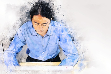 Abstract young business man planning and working at desk on watercolor illustration painting background