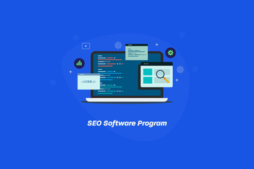 Seo software development, website coding for better search engine optimization, code interface displaying on laptop screen, internet & marketing.