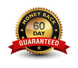 60 Day money back guaranteed golden seal, stamp, badge, stamp, sign, label with red ribbon isolated on white background.	