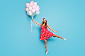 Canvas Print - Full length body size view of nice attractive lovable girlish funny funky comic cheerful straight-haired girl holding air balls having fun isolated on bright vivid shine vibrant blue color background