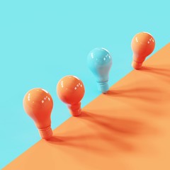 Wall Mural - Outstanding Tilted blue color light bulb among Orange Light bulb on Blue Orange color background. 3D Render. Minimal Concept idea.