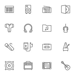 Music, sound icons set, outline vector symbol collection, linear style pictogram pack. Signs, logo illustration. Set includes icons as headphones, midi keyboard, music player, microphone, audio tape