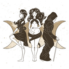 Three women figures, symbol of Triple goddess as Maiden, Mother and Crone, moon phases. Hekate, mythology, wicca, witchcraft. Vector illustration