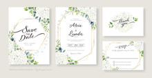 Wedding Invitation, Save The Date, Thank You, RSVP Card Design Template. Vector. White Hydrangea Flowers With Greenery. Watercolour Style.