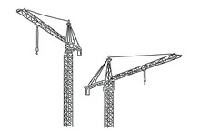 Tower Crane In Two Different View At A Construction Site On The White Background In Doodle Hand Drawn