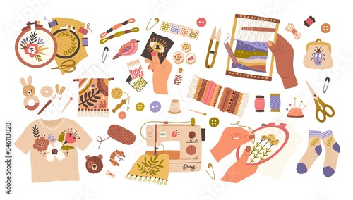 Cuadros en Lienzo Set of embroidery and weaving vector flat illustration