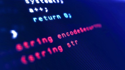 Program code typing on computer display. Seamless and loopable 3d animation. Futuristic concept of programming, coding on screen and cyber technology.