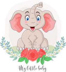 Poster - Cartoon cute elephant sitting with flowers background