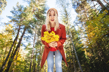 female portrait. Beautiful blonde girl in a black felt hat and a brown knitted sweater hides her face behind a yellow maple leaf. horizontal autumn photo