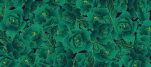Rose Line Arts Background Vector. Luxury Gold Floral Background With Green And Blue Colour Theme. Vector Illustration.