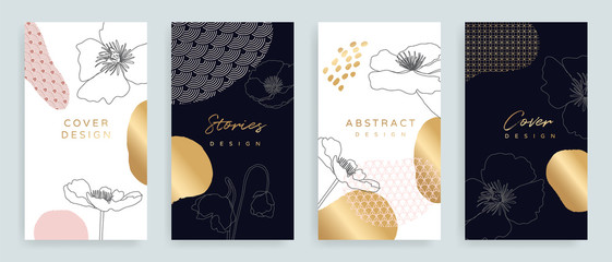 Social media stories and post vector background template with copy space for text and images design by abstract pink and Gold shapes, line arts ,flower, Japanese Cover, Square cover design background 