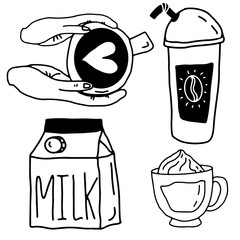 Wall Mural - Big set of coffee in hand drawn doodle style. A cup of coffee in hands, a cup of latte, a glass with a straw and a box of milk. Stock vector illustration.