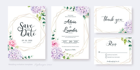 Wall Mural - Set of floral wedding Invitation card, save the date, thank you, rsvp template. Vector. Hydrangea flower, Pink rose with greenery.