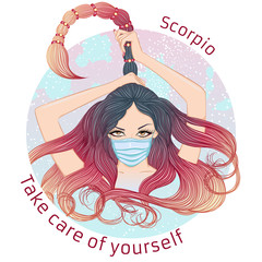 Zodiac. Vector illustration of the astrological sign of Scorpio as a portrait girl in medical mask. Concept of world epidemic. Girl wearing protection medical element to prevent disease,flu.