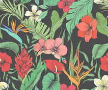 Seamless Pattern With Tropical Flowers And Palm Leaves
