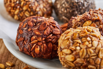 Poster - Healthy Organic Energy balls Muesli Bites with Nuts, Cocoa, Chia and Honey - Vegan Vegetarian Raw Snacks or Food. copy space. Close-up