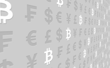 Bitcoin and currency on a gray background. Digital crypto currency symbol. Business concept. Market Display. 3D illustration