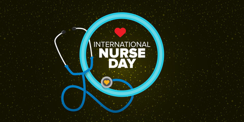 Wall Mural - vector international nurse day greeting card or horizontal banner with stethoscope isolated on srarry black background. vector nurses day icon or sign design template