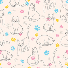 Wall Mural - Vector outline cats and colorful paws seamless background