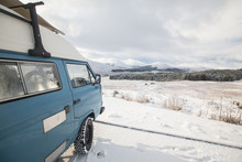 Vintage Campervan And Epic Winter Landscape.