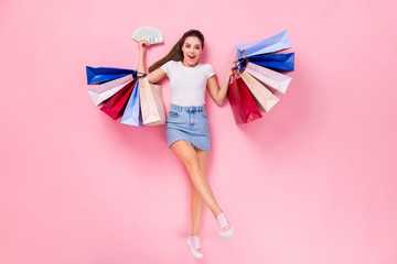 Poster - Top above high angle view full length photo shocked girl shop center client win credit bank money fan bags lay scream wear short legs mini jeans skirt isolated pastel color background