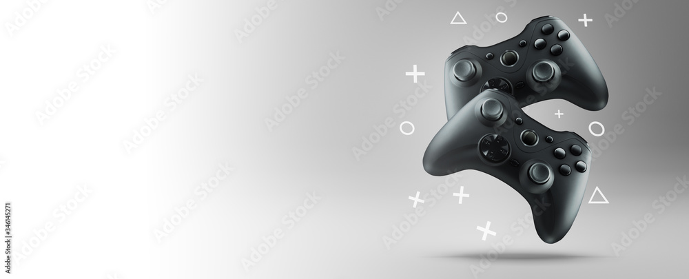 The concept of video games. Two gamepads levitate on a light background. Wide banner. - obrazy, fototapety, plakaty 
