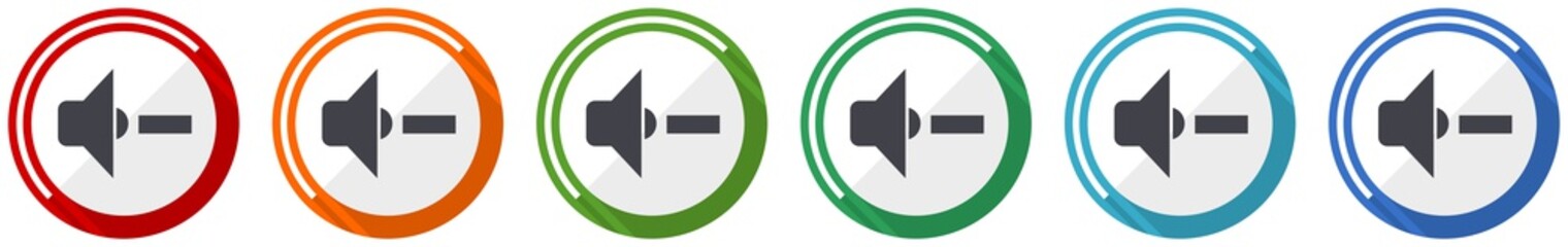 Fototapete - Speaker volume icon set, flat design vector illustration in 6 colors options for webdesign and mobile applications