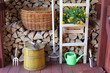The set of garden tools and bush of Petunia flowers in a wooden shed on the background of stack birch firewood. 