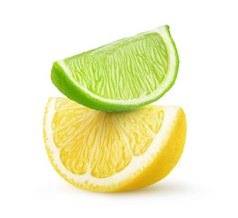 Leinwandbilder - Isolated citrus fruit slices. Pieces of lime and lemon on top of each other isolated on white background
