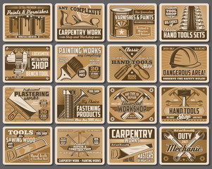 Sticker - Work and DIY tools retro posters. Construction, home repair, remodeling and renovation vector tools, painting brush and locksmith vise, woodworking drill, saw and hammer