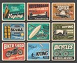© Vector Tradition - Active sport and summer leisure, entertainment vector retro posters. Scuba diving school, water kiting and ocean surfing club, travel bicycles and biker shop, hoverboard and vaping e-cigarettes