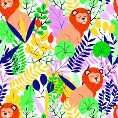 Wall Mural - Lions, tropical, jungle  botanical, fashion vector seamless pattern. Concept for wallpaper, wrapping paper, cards