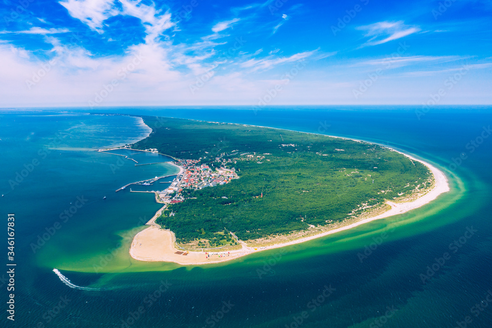 Aerial view of Hel Peninsula in Poland, Baltic Sea and Puck Bay (Zatoka Pucka) Photo made by drone from above. - obrazy, fototapety, plakaty 