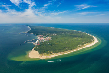 Aerial view of Hel Peninsula in Poland, Baltic Sea and Puck Bay (Zatoka Pucka) Photo made by drone from above.