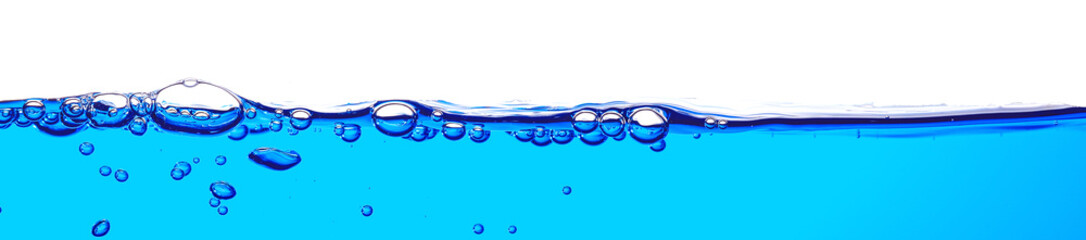 Water splash isolated on white. fresh blue natural drink water wave wide panorama. bubbles underwater background.