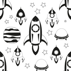 Sticker - Space Seamless pattern - Cartoon Rockets and UFO. Black and White Space background. Monochrome Vector Illustration. BW Print for Wallpaper, Baby Clothes, Greeting Card, Wrapping Paper.