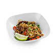 © Denis Ivatin - Fried udon noodles in a wok with beef, bell pepper and broccoli. Traditional asian food. Isolated on a white background.
