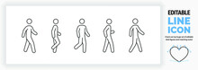 Editable Line Icon Set Of A Stick Man Or Stick Figure Walking In Different Poses In A Dynamic Outline Graphic Design Style Standing On Both Or One Leg In Side And Front Full Body View As A Eps Vector