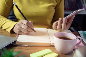 Wall Mural - planner write meeting agenda at calendar, work online at home. woman plan daily appointment and note