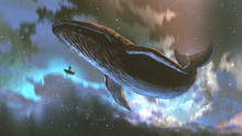 Outer Space Journey Concept Showing A Man Looking At The Giant Whale  Flying In The Beautiful Sky, Digital Art Style, Illustration Painting