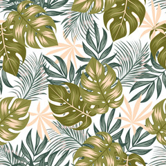  Abstract seamless tropical pattern with bright plants and leaves on a delicate background. Beautiful print with hand drawn exotic plants. 
Vintage pattern. Printing and textiles. 