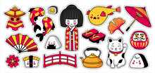 Kawaii Japanese Geisha Girl, Maneki-neko, Koi Carps, Fugu Fish. Set Of Cartoon Stickers, Patches, Badges, Pins. Doodle Style. Cute Cartoon Vector Illustration.