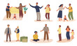 © Kate Antonenko - Scenes with family quarrels and screams. Spouses quarrel, swear, shout at each other and fight. Fighting couples or spouses. Home violence and misunderstanding. Cartoon flat vector illustration.