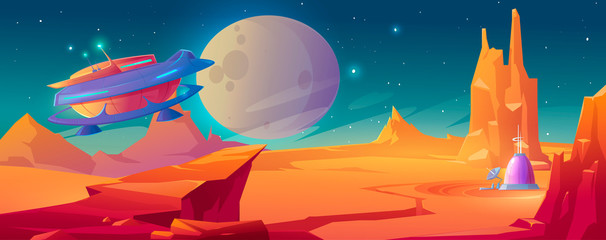 Wall Mural - landscape of planet mars with colony base and flying rocket. vector cartoon futuristic illustration 