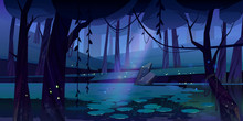 Swamp In Tropical Forest With Fireflies At Night. Fairy Landscape With Marsh, Water Lilies, Trees Trunks And Rocks. Vector Cartoon Illustration Of Wetland, Wild Jungle With River Or Pond