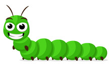 A Green Caterpillar Is Smiling On White Background. Character