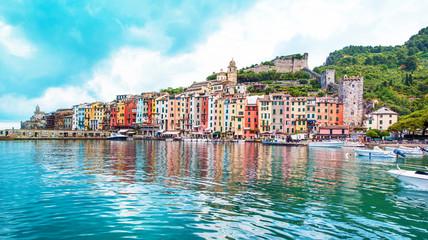 Wall Mural - the magical landscape of the harbor with colorful houses in the boats in porto venere, italy, liguri