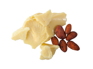 Pieces of natural cocoa butter with cocoa beans isolated